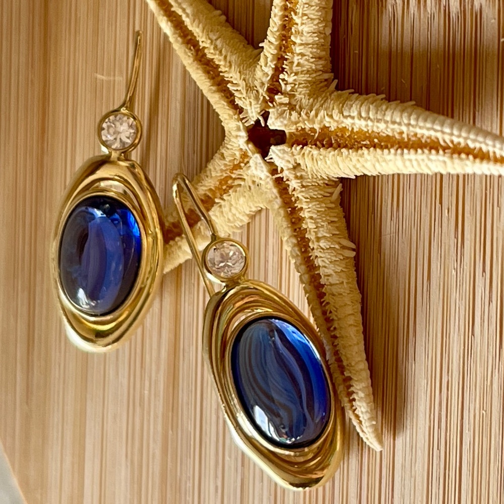 Yulia ONLY 14K Italian Yellow Gold Pomelatto style earrings with blue sapphires - Picture 2 of 13
